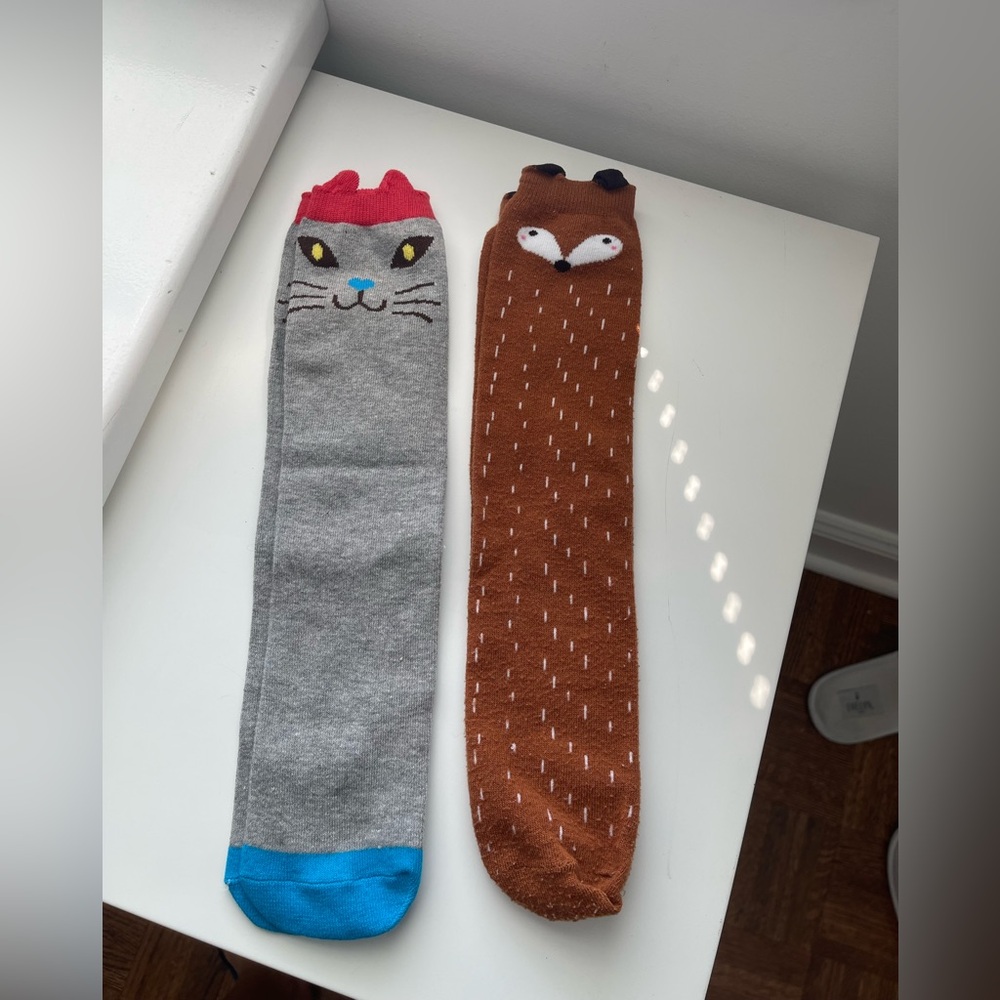 2 pairs Animal Face Socks - Gray and Brown